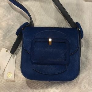 Tory Burch Sawyer Calf Hair Mini Shoulder Bag Bright Blue Dahlia NEW $498
